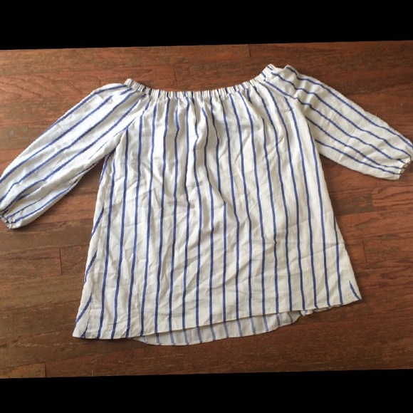 cream swing dress with blue vertical stripes