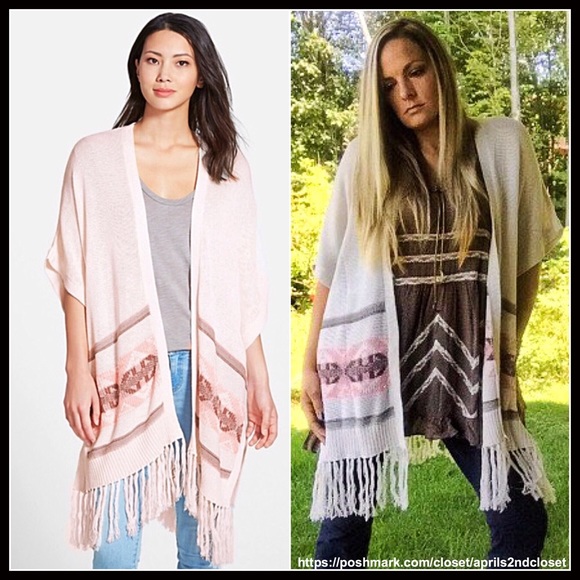 BP NORDSTROM BOHO FRINGE TRIM PONCHO CARDIGAN - Picture 2 of 7