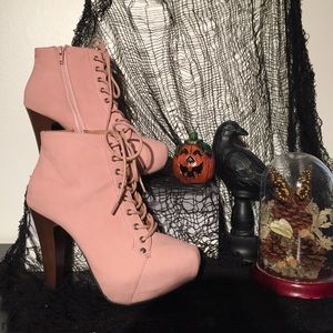 Peach pink lita booties with brown chunky heel