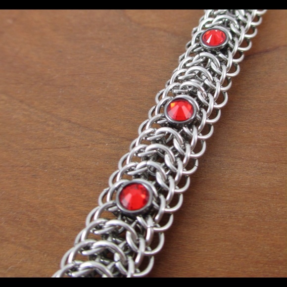 Red Swarovski Stainless Steel Chainmaille Bracelet - Picture 2 of 5
