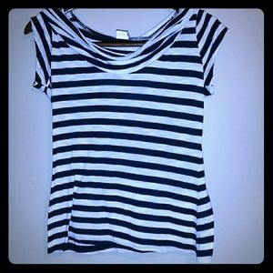 Off white and navy blue ruffled scoop neck