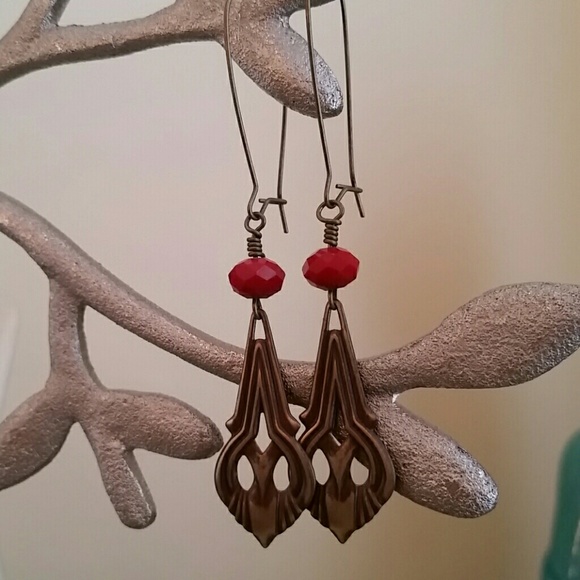 Brass and red opaque crystal earings