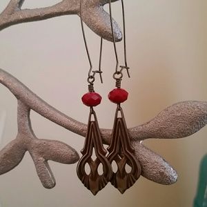 Brass and red opaque crystal earings