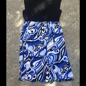 Susie in the City blue, black, and white shirt