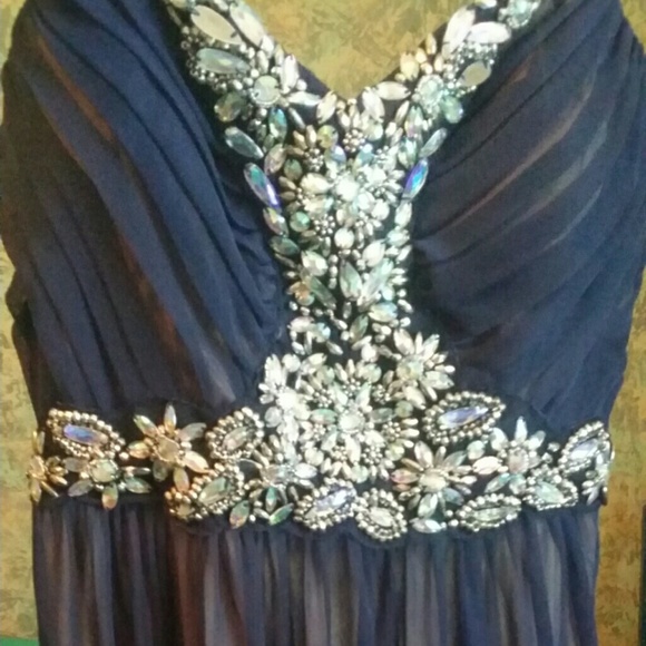 Strapless blue floor length prom dress