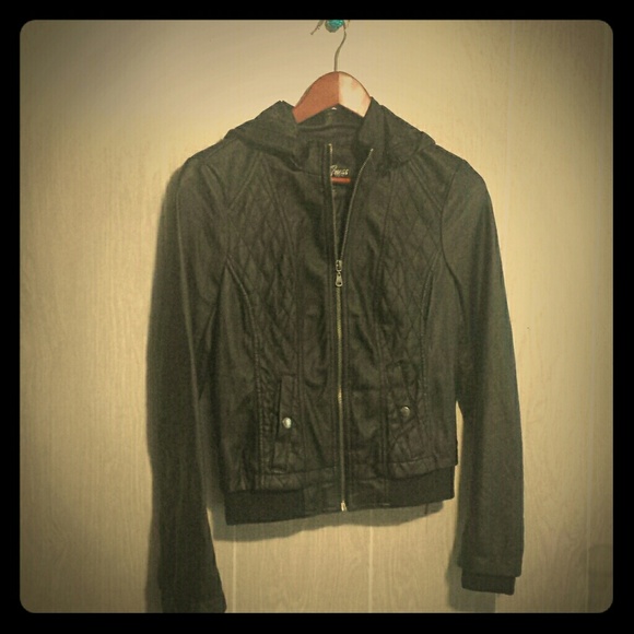 Guess faux leather bomber jacket with hood