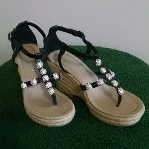 Rhinestone Black Wedged Sandals