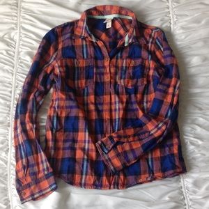 Plaid flannel button down shirt, orange and blue