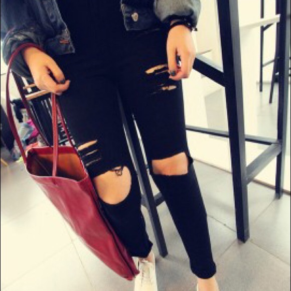 Pants - Black Destroyed Jeggings