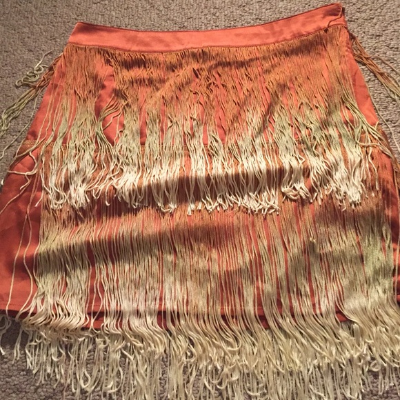 Orange fringe mini skirt