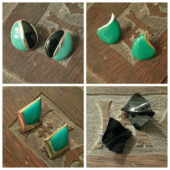 🍀VINTAGE🍀 Teal & Black 80s Fashion Earrings