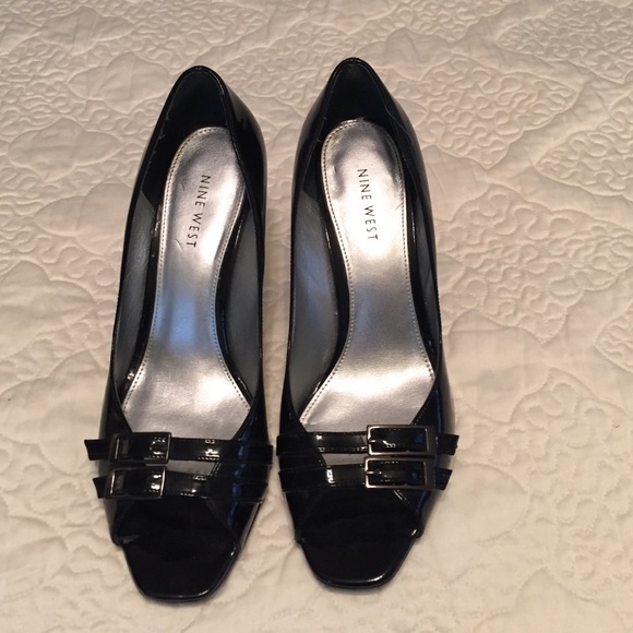 Nine West patent leather peep toe heels.