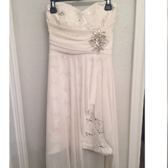 white lace homecoming dress with high-low chiffon
