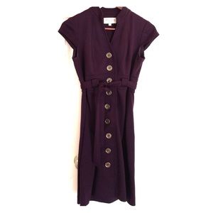 Purple button up dress with tie.