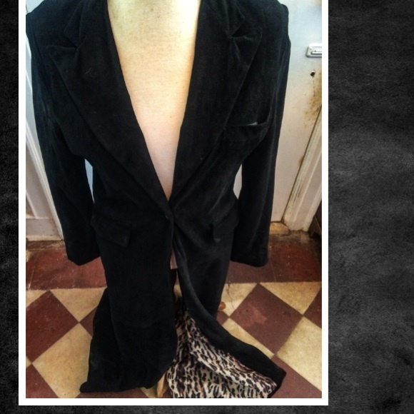 Black suede long coat with leopard lining Sm - Picture 2 of 4