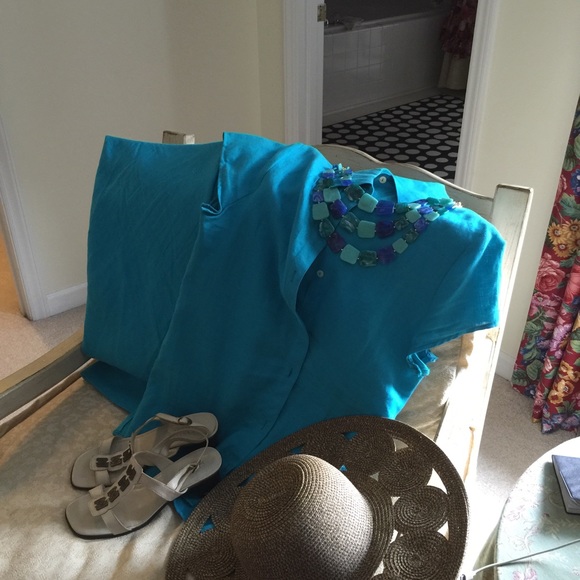 Turquoise pants and shirt set.