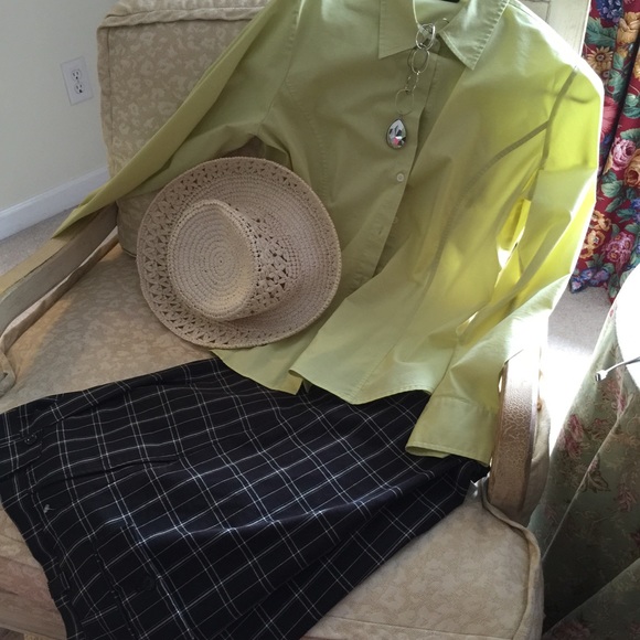 Lime green shirt and plaid pants.