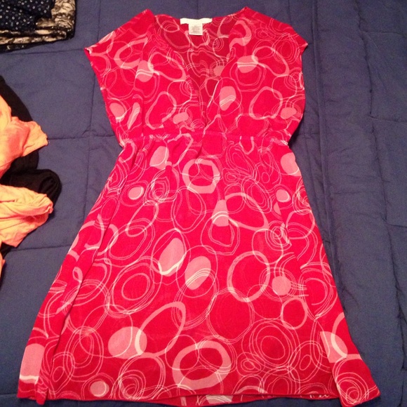 Red with white circles sheer v-neck top