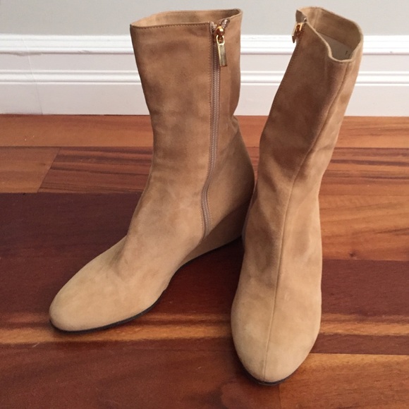 Beige suede wedge boots