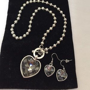Silver heart necklace earrings set black jewelry
