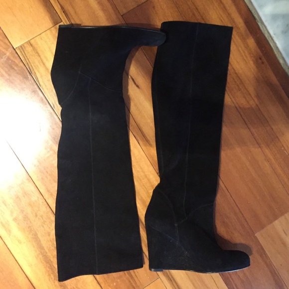 Knee High black suede wedge boots