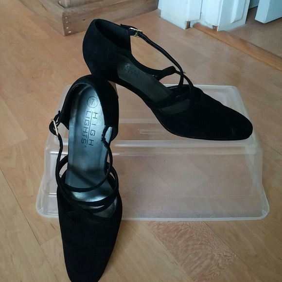 Black suede buckle heel with 4 straps