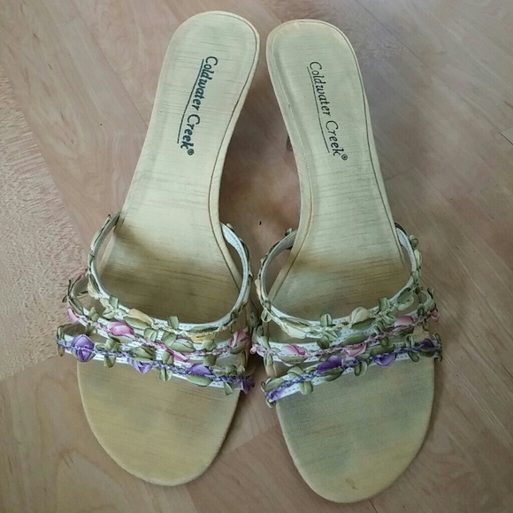 3 strap floral heels