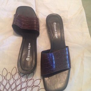 Brown leather slides