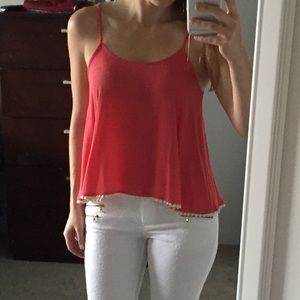 Coral w/ White Pom Hem Loose Tank