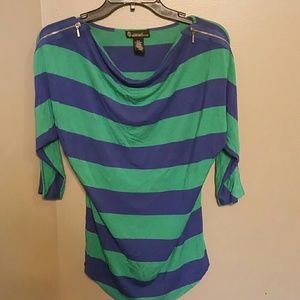 Blue and green striped shirt with zipper detail