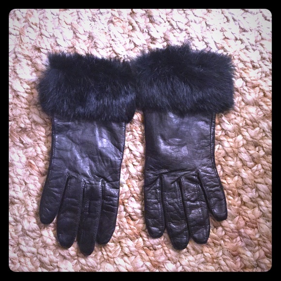 Real black leather gloves with fur trim on wrist