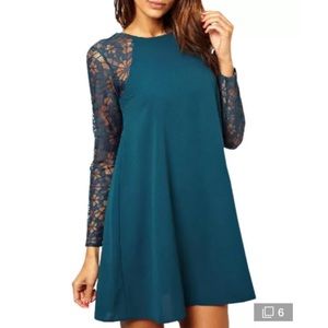 Turquoise a line dress with lace sleeves