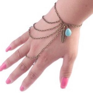 Simple Link Chain Turquoise Leaves Finger Bracelet