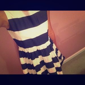 Navy blue and white striped dress, with no sleeves