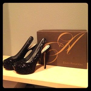 Black sequined Enzo Angliolini platform heels