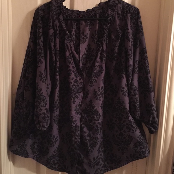 Purple and black damask print plus size blouse