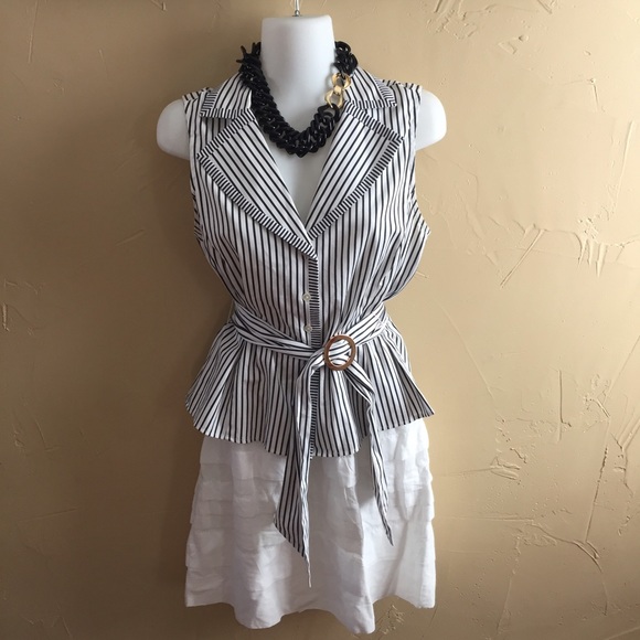 Black and white top with white skirt