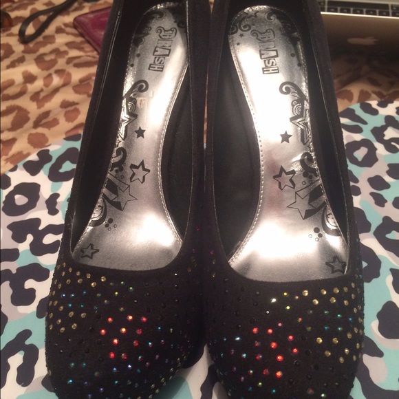Black suede heels with rainbow rhinestones