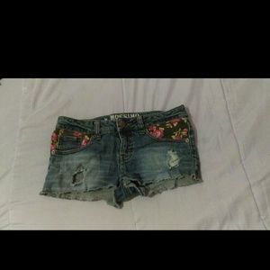 Floral Accented Distressed Denim Shorts