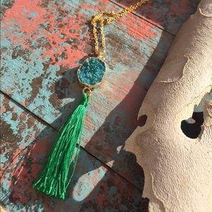 Green Druzy Tassel Pendant Necklace