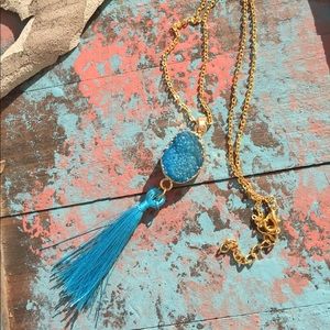 Blue Druzy Tassel Pendant Necklace