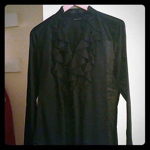 Black  Tuxedo Ruffle blouse 100% cotton, stunning