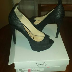 Black snake embossed leather open toe pumps