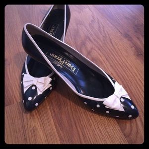 Vintage Leather blue and white polka dot heels.