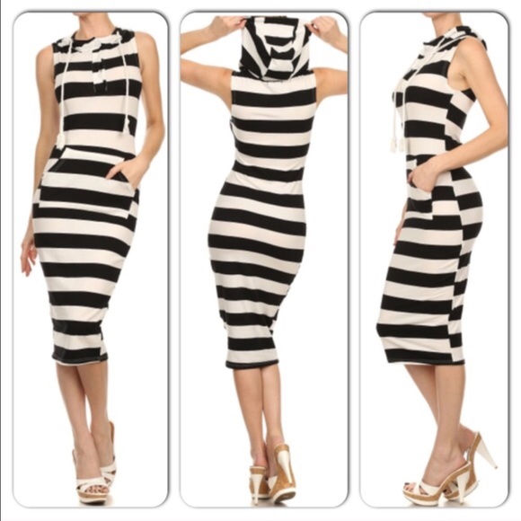 Sleeveless Striped Hooded Bodycon Black/White