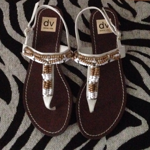 Dolce Vita beaded white tan sandals buckle strap