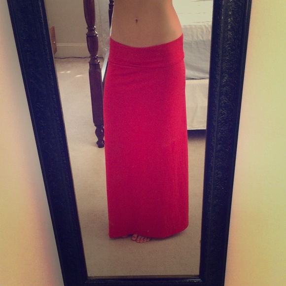 Red Fold Down Waist Long Maxi Skirt