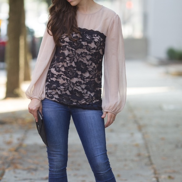 Black lace and light tan shirt
