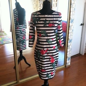 Backless Stripe pencil dress with rose design