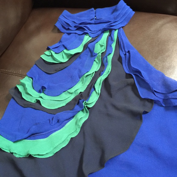 Royal Blue Blouse with Green & Black Ruffles - Picture 2 of 3